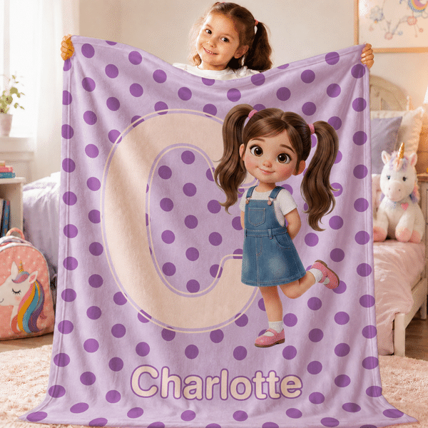 Personalised Cartoon Kid Photo Polka Dot Style Soft Throw Blanket with Name Home Decor Birthday Gift for Boys Girls
