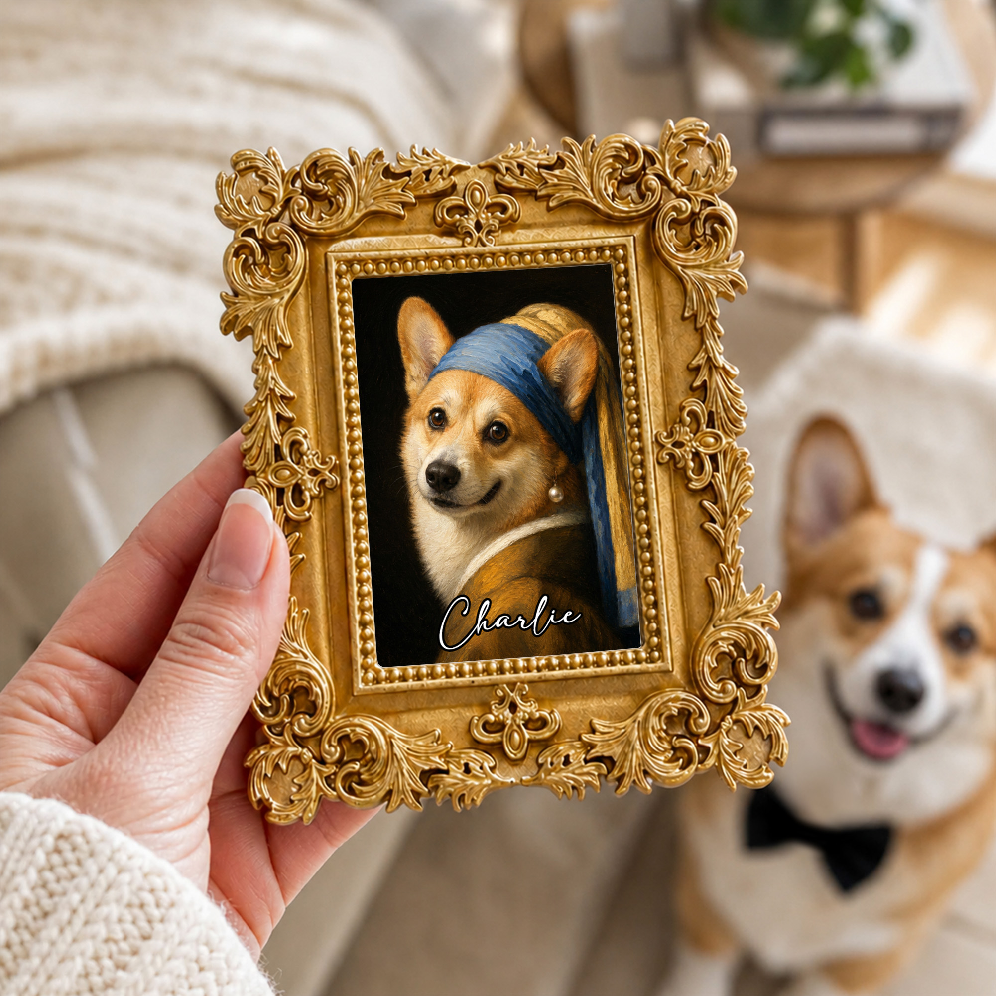 Personalisierter Haustier-Fotomagnet im Ölgemälde-Stil | mit Namen und Rahmen | Kühlschrankmagnet | Geburtstagsgeschenk für Haustierliebhaber