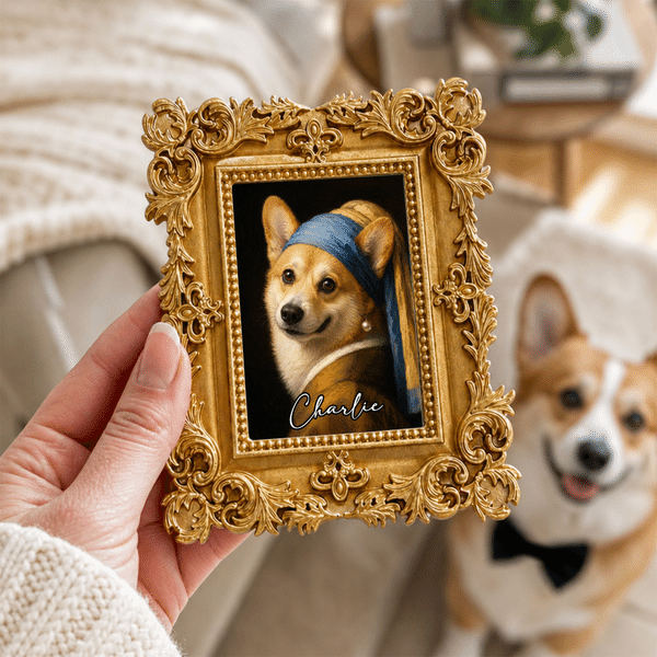 Personalized Oil-Painting Style Pet Portrait Art Vintage Frame Fridge Magnet with Name Birthday Adoption Anniversary Gift for Pet Lover Owner
