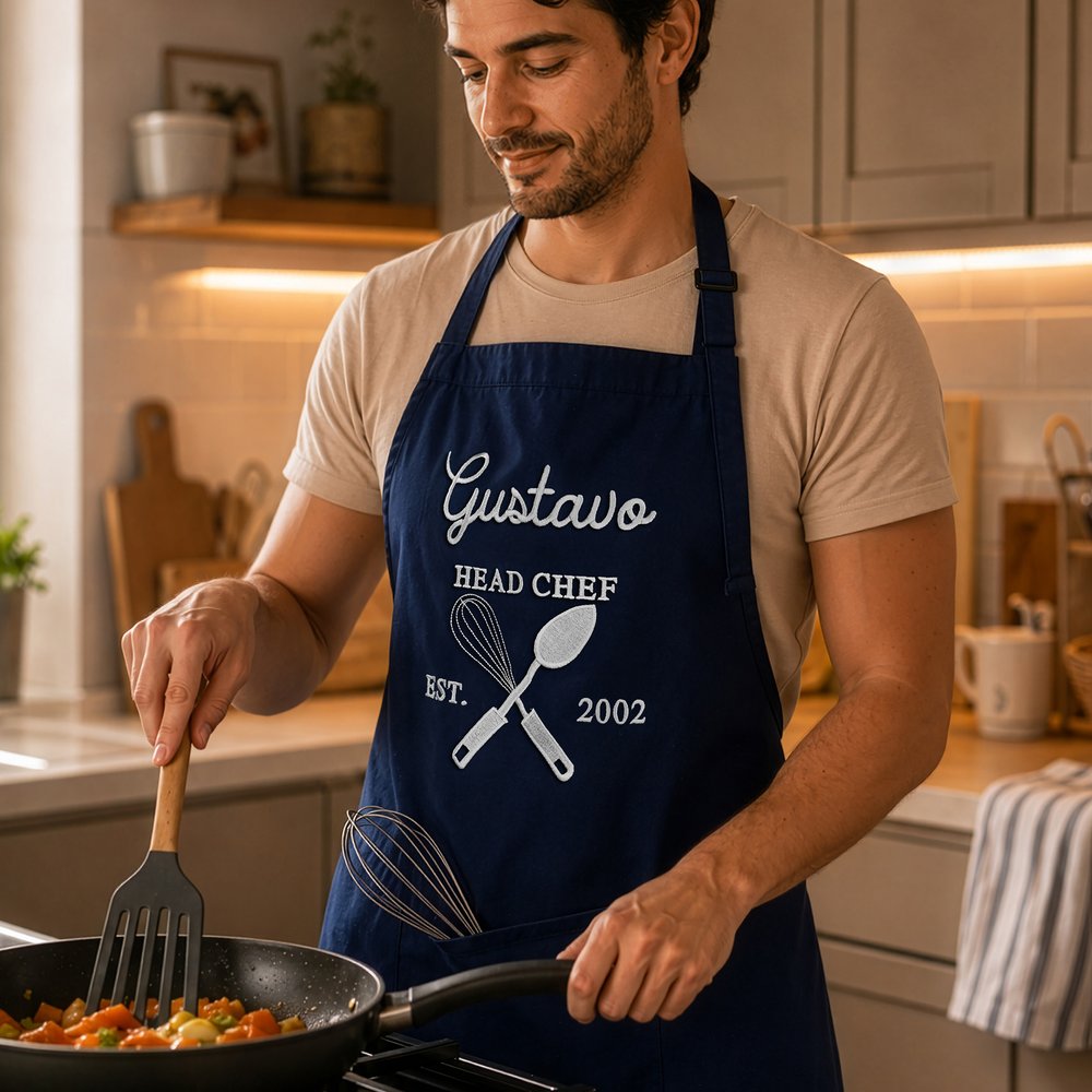 grembiule personalizzato in lino con ricamo a tema cucina
