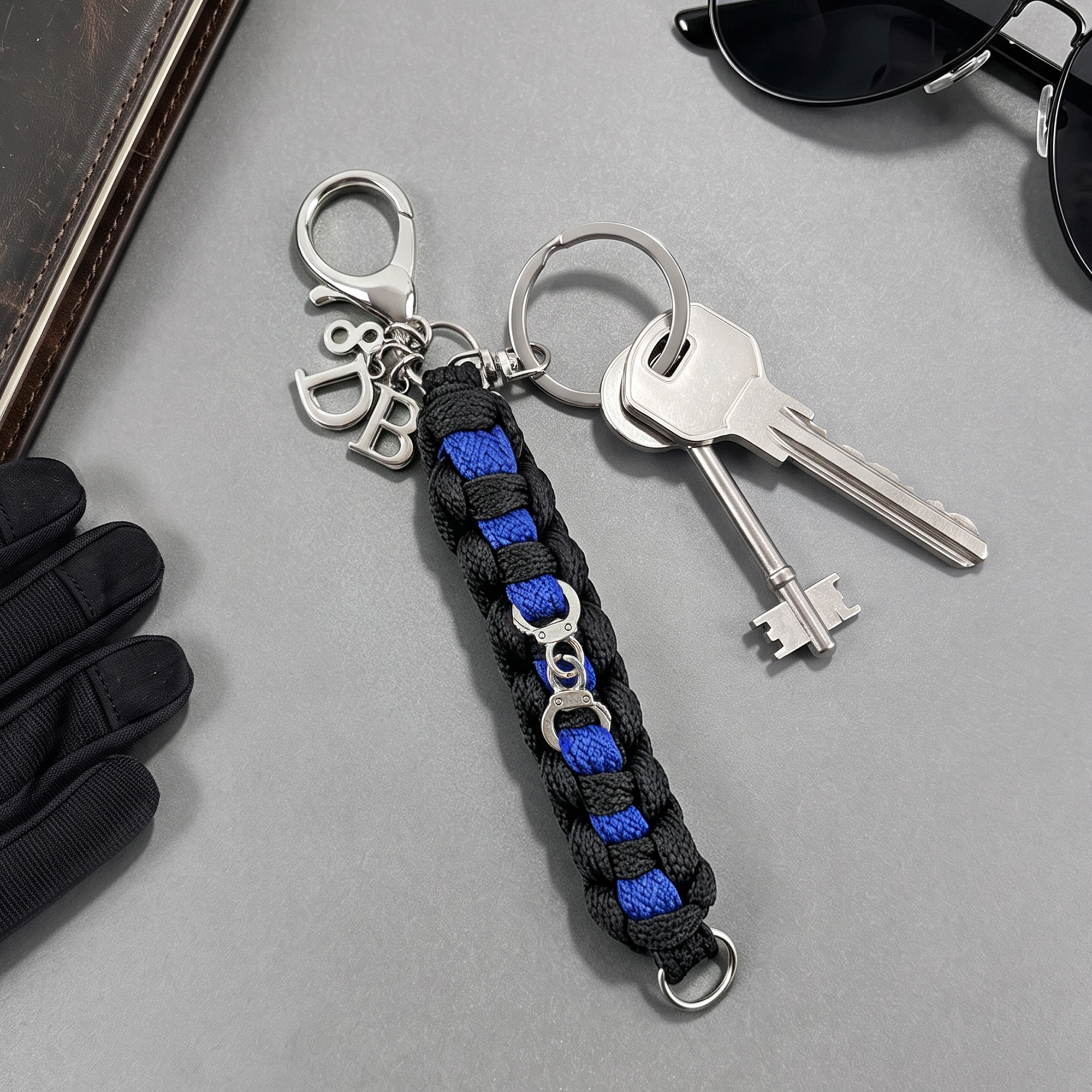 Personalisierter Polizeischlüsselanhänger mit gewebtem „Thin Blue Line“-Band, Initialen und Dienstnummer – Abschlussgeschenk für Polizeibeamte der Retirement Academy