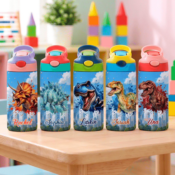 Personalized Ink Splash Dinosaur City 12 oz Insulated Water Bottle with Name Back to School Birthday Gift for Kid Dinosaur Lover