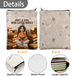 Personalized 3D-Effect Artwork Cartoon Reading Character Photo Book Sleeve Cover with Name Text and Front Pocket Birthday Gift for Women Book Lovers