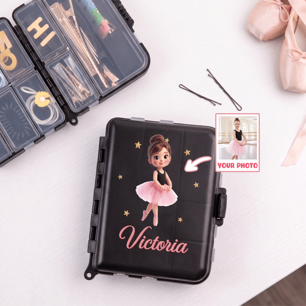 Personalized Cartoon Ballet Girl Photo Design Hair Pin Storage Case with Name Birthday Dance Competition Team Gift for Ballerina Ballet Lover