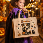 Henkilökohtainen kurpitsa-kissa-kummitus -aiheinen, patchwork-tyylinen, nimikirjaimilla varustettu, tilava juuttikassi, jossa on nimi – Halloween-lahja lapselle, joka rakastaa Halloweenia