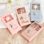 Personalised Mother of Pearl Effect Birth Flower 5 Pcs Makeup Brushes Box Set with Name and Mirror Birthday Gift for Woman