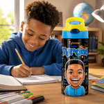 Personalized Cartoon Character Word Cloud 12 oz Insulated Water Bottle with Straw and Spill Proof Lid Back to School Birthday Gift for Kid
