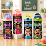 Personalized Cartoon Character Word Cloud 12 oz Insulated Water Bottle with Straw and Spill Proof Lid Back to School Birthday Gift for Kid
