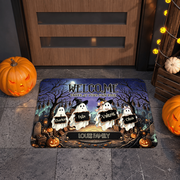 Personalized Ghost Family Pumpkin Pattern Anti‑Slip Doormat with 1-6 Names Home Decor Halloween Gift for Family Member