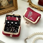 Personalized Birth Flower Portable PU Leather Mini Jewelry Case with Kiss Lock and Name Birthday Gift for Family Besties
