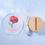 Personlig 2D-nattlampa i akryl med LED-belysning, med namn och födelsedagsblomma samt träfot – inredningsdetalj till barnrummet och present till barn