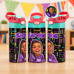 Personalized Cartoon Character Word Cloud 12 oz Insulated Water Bottle with Straw and Spill Proof Lid Back to School Birthday Gift for Kid