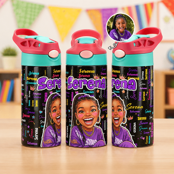 Personalized Cartoon Character Word Cloud 12 oz Insulated Water Bottle with Straw and Spill Proof Lid Back to School Birthday Gift for Kid
