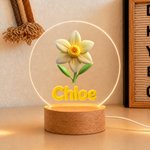 Personlig 2D-nattlampa i akryl med LED-belysning, med namn och födelsedagsblomma samt träfot – inredningsdetalj till barnrummet och present till barn