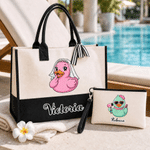 Personalized Cute Yellow Duck Large Capacity Tote Bag Portable Makeup Bag with Name Birthday Anniversary Gift for Girlfriend Sister Girl
