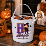 Personalised Spooky Cartoon Witch Pumpkin Large Capacity Sweets Bucket with Photo Initial and Name Halloween Party Trick or Treat Gift for Girls Boys