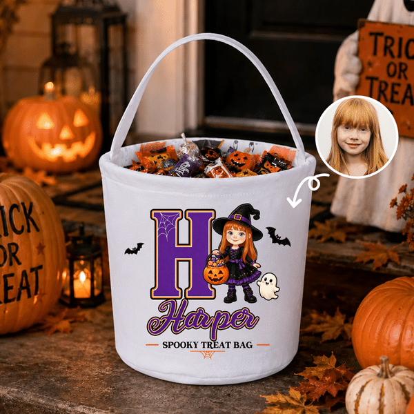 Personalised Spooky Cartoon Witch Pumpkin Large Capacity Sweets Bucket with Photo Initial and Name Halloween Party Trick or Treat Gift for Girls Boys