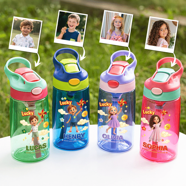Personalised Lucky 3D-Style Artwork Cartoon Character Photo 16 oz Water Bottle with Name and Straw Daily Use Birthday Back to School Gift for Kids