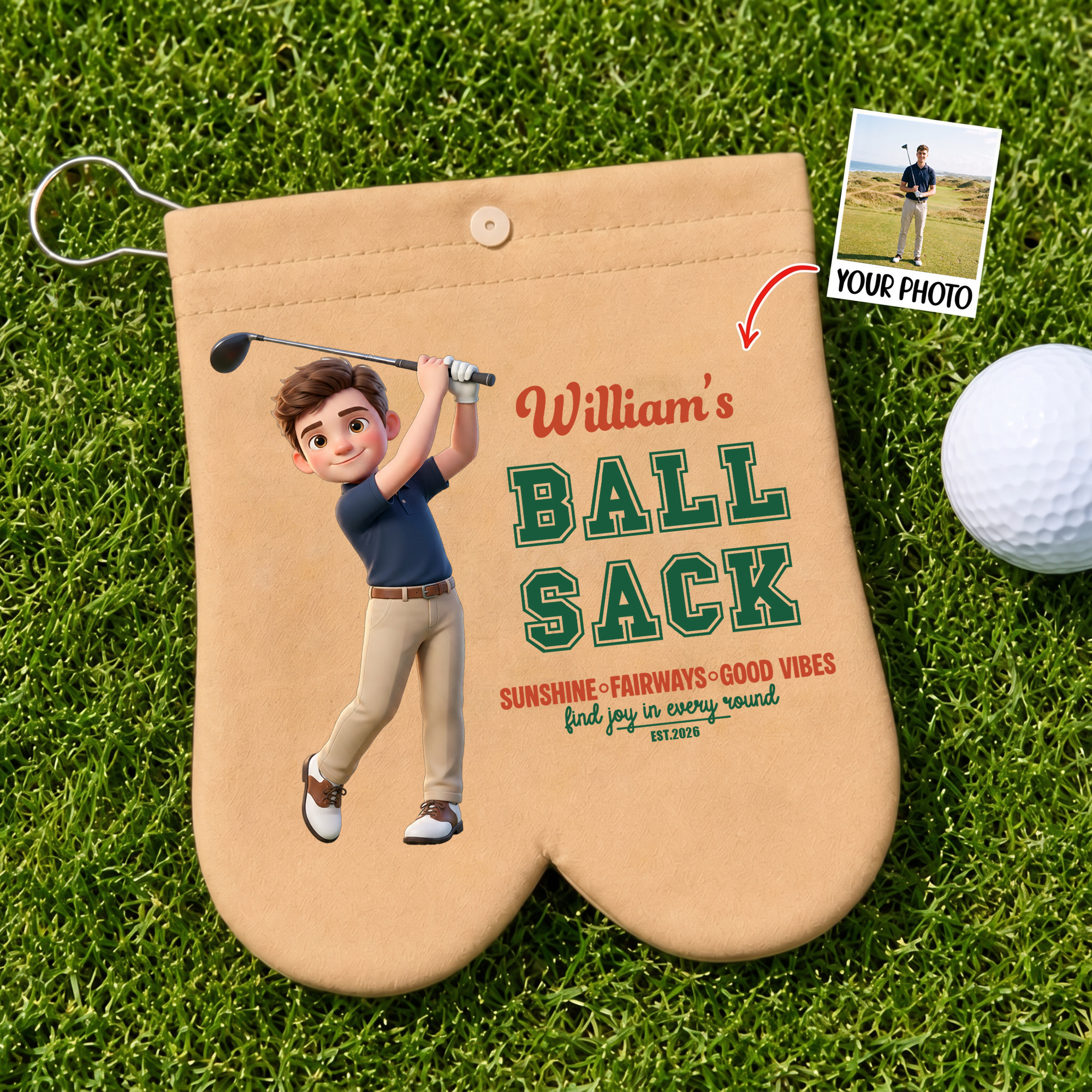 Personalisierte Golf-Tasche mit Cartoon-Motiv und Namen des Golfspielers, inklusive 2 Golfbällen und 4 Tees – Golfzubehör und Geburtstagsgeschenk für Golfer und Golfbegeisterte