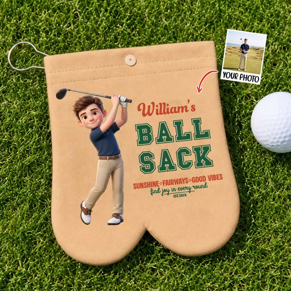 Personalised Photo Cartoon Golf Player Name Golf Ball Bag Sack with 2 Golf Balls and 4 Tees Golf Accessories Birthday Gift for Golfer Golf Enthusiasts