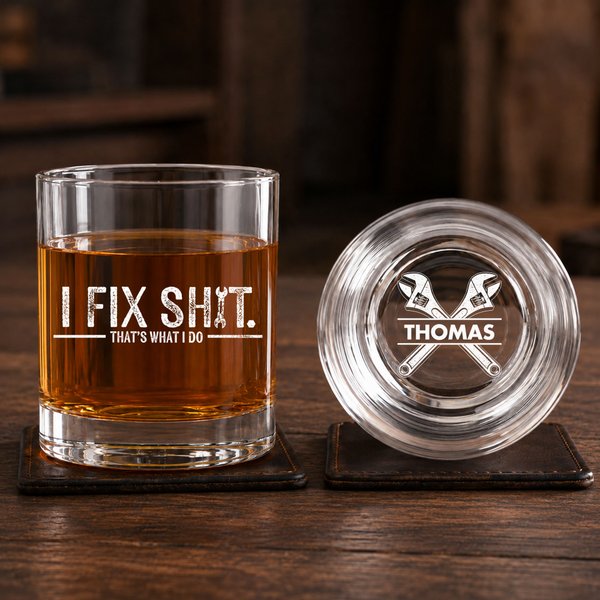 Personlig «I Fix Shit»-design: Gammeldags 10 oz whiskyglass med navn – bursdags- og jubileumsgave til far, ektemann eller mann