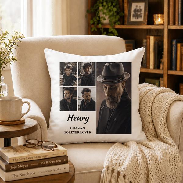 Personalized 5 Photos Soft Throw Pillow Cover with Name and Text Memorial Sympathy Gift for Loss of Loved One