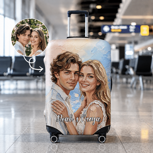 Personalized Oil Painting Style Photo Suitcase Cover with Name Fits 18-32 Inches Suitcase Travel Birthday Gift for Girlfriend Boyfriend Couple