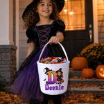 Personalised Cute Halloween Cartoon Boy Girl Canvas Bucket Bag with Name and Initial Halloween Party Gift for Kids