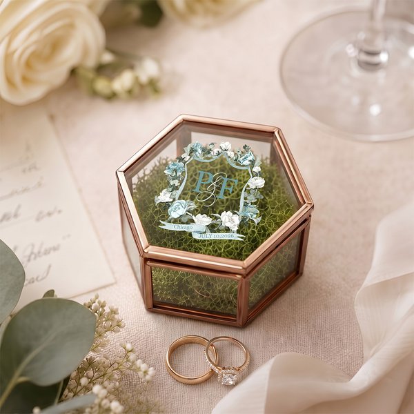 Personalised Floral Crest Hexagon Glass Ring Box with Initial and Moss Ceremony Decor Wedding Anniversary Engagement Gift for Couple