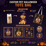 Personalised Retro Farmhouse Halloween Cartoon Pet Photo Design Tote Bag with Name and Text Trick or Treat Halloween Gift for Pet Owner Lover