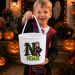 Personalised Cute Halloween Cartoon Boy Girl Canvas Bucket Bag with Name and Initial Halloween Party Gift for Kids