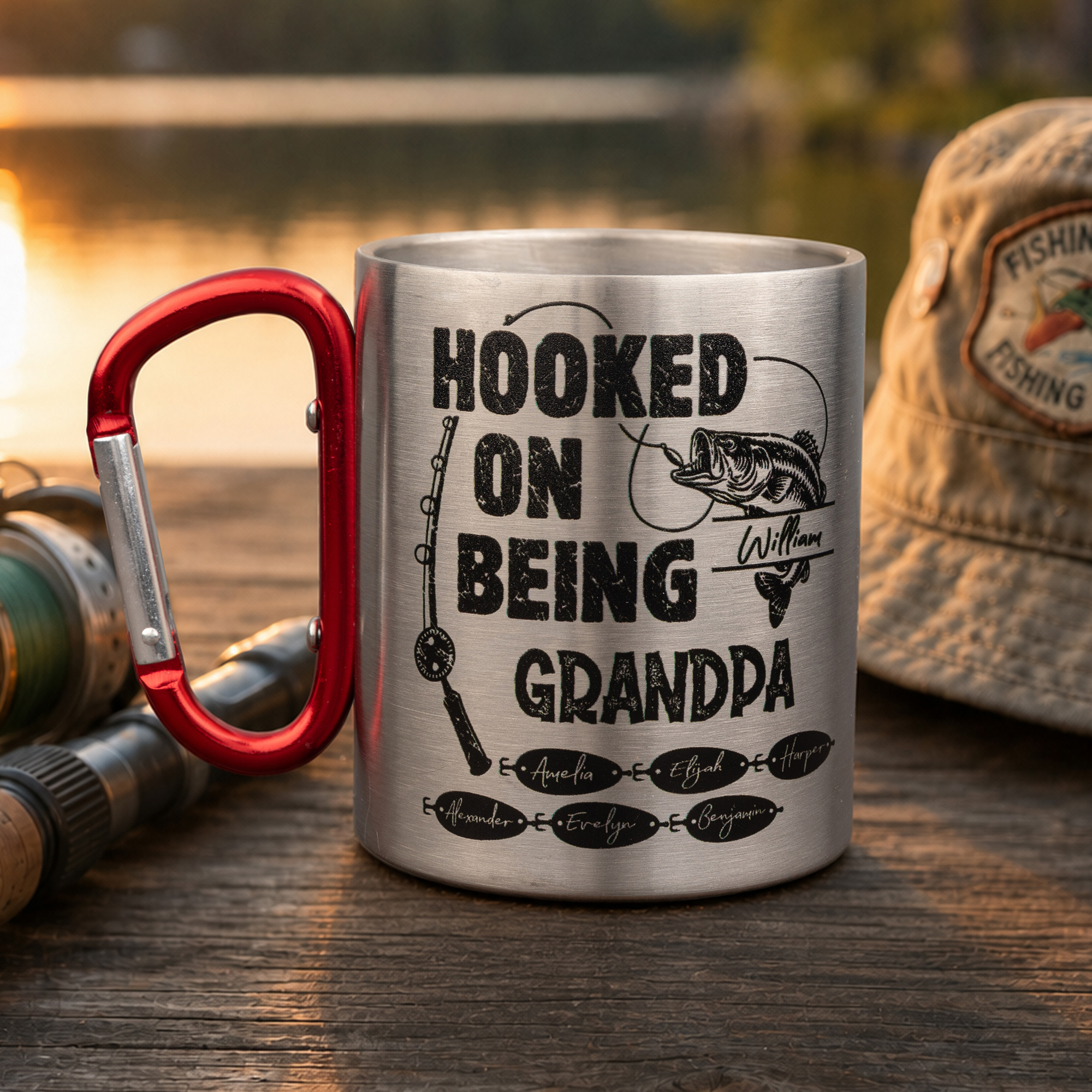 Personalisierte „Hooked on Being Papa“-Angeltasse (10 oz) mit Karabinerhaken für den Außenbereich, mit Namen von 1 bis 12 – lustiges Geburtstagsgeschenk für Opa oder Papa