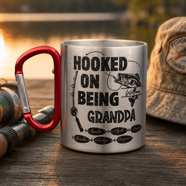 Personalized Hooked on Being Papa Fishing 10 oz Outdoor Carabiner Mug with 1-12 Name Funny Birthday gift for Grandpa Dad