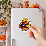 Henkilökohtainen Halloween-aiheinen pieni keltainen ankka -jääkaappimagneetti, jossa on nimi – jääkaapin koriste, Halloween-lahja lapselle, perheelle tai ystävälle