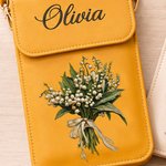 Personalized Oil Painting Birth Flower PU Leather Adjustable Crossbody Bag with Touch Screen Window and Name Birthday Anniversary Gift for Women