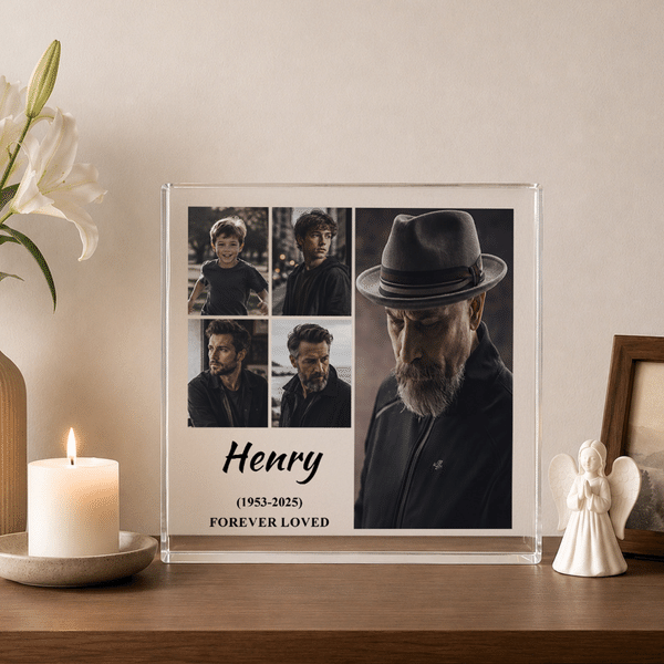 Personalised 5 Photos Minimalist Style Square Acrylic Plaque Desktop Ornament with Name and Text Home Decor Memorial Sympathy Gift for Family Friends