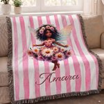 Personalised Birth Flower Fairy Soft Throw Blanket with Name and Tassel Home Decor Daily Use Birthday Gift for Black Girl