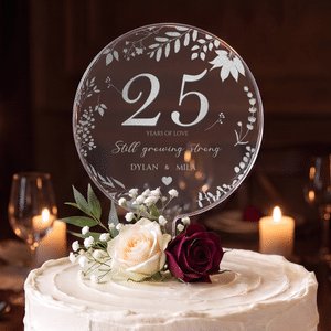 Personalized Glitter Leaf Border Year of Love Acrylic Cake Topper with Names Anniversary Birthday Gift for Couple