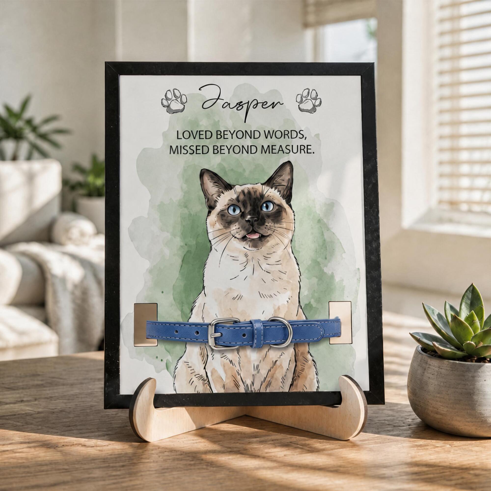 Individuell gestalteter Holzrahmen für ein Haustierfoto im Aquarellstil mit Namen – Wohnaccessoire, sentimentales Andenken, Beileidsgeschenk für Haustierbesitzer und -liebhaber