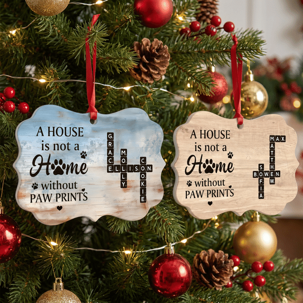 Personalised Paw Print Home Crossword Puzzle Art Irregular-Shaped Ceramic Ornament with Name Tree Decor Christmas Gift for Pet Lovers