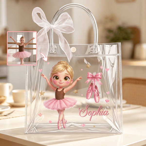 Personalised Cartoon Ballet Girl Photo Design Transparent Bag with Name and Ribbon Daily Use Dance Class Birthday Gift for Ballet Lovers Girls