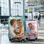 Personalized Oil Painting Style Photo Suitcase Cover with Name Fits 18-32 Inches Suitcase Travel Birthday Gift for Girlfriend Boyfriend Couple