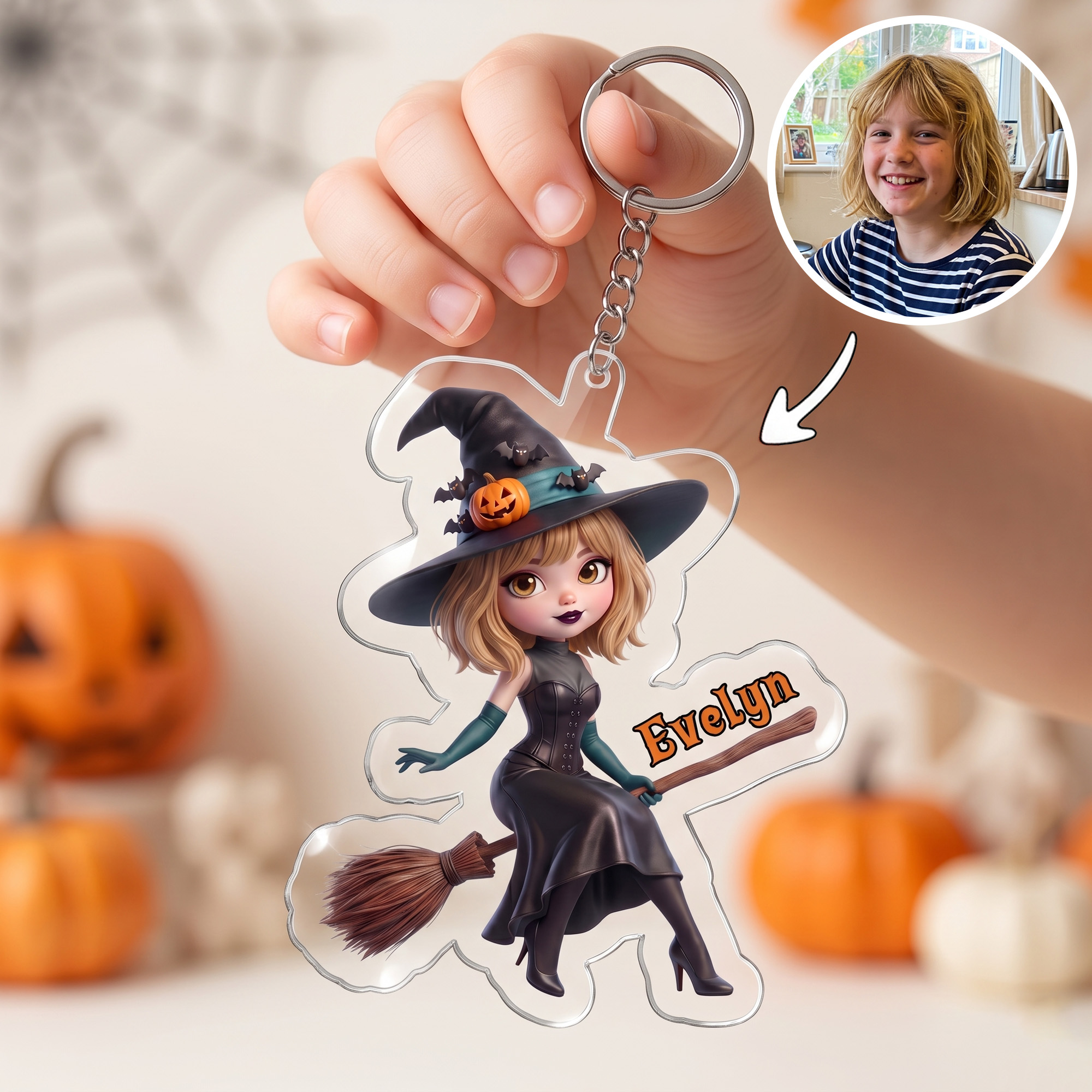 Individuell gestalteter Acryl-Schlüsselanhänger mit 3D-Effekt, Cartoon-Hexe und Namen – Geschenk für den täglichen Gebrauch, Halloween, „Süßes oder Saures“ – für Mädchen