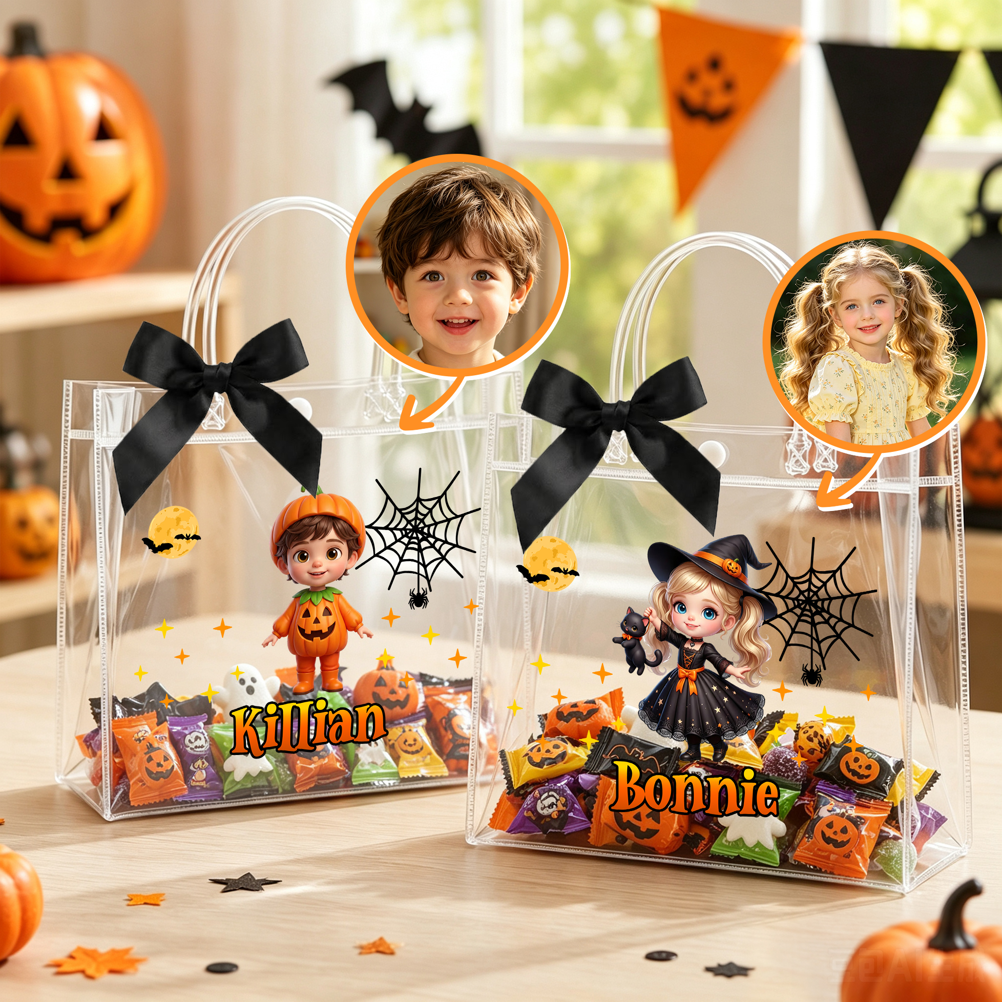 Personalisierte, transparente Halloween-Tragetasche mit Kürbis-Motiv und Cartoon-Figur, mit Namen und schwarzer Schleife – Halloween-Party-Geschenk für Kinder