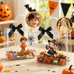 Personalized Halloween Theme Pumpkin Cartoon Character Photo Transparent Tote Bag with Name and Black Bow Halloween Party Gift for Kid