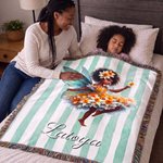 Personalised Birth Flower Fairy Soft Throw Blanket with Name and Tassel Home Decor Daily Use Birthday Gift for Black Girl