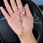 Personalised Virgin Mary Steering Wheel Rosary Charm with Cross and Name Car Decor Baptism Christmas Religious Gift for Christians Women Drivers