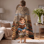 Couverture à capuche personnalisée avec illustration en 3D représentant un personnage en train de lire, avec prénom et texte. Décoration d'intérieur et cadeau d'anniversaire pour les passionnés de lec