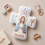 Personalised the Virgin and Child Christian Cross Shaped Soft Cushion with Name Home Decor Birthday Gift for Kids