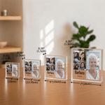 Personlig akrylplakett i minimalistisk stil med plass til 5 bilder, firkantet skrivebordsdekorasjon med navn og tekst – interiør, minne- og kondolansgave til familie og venner